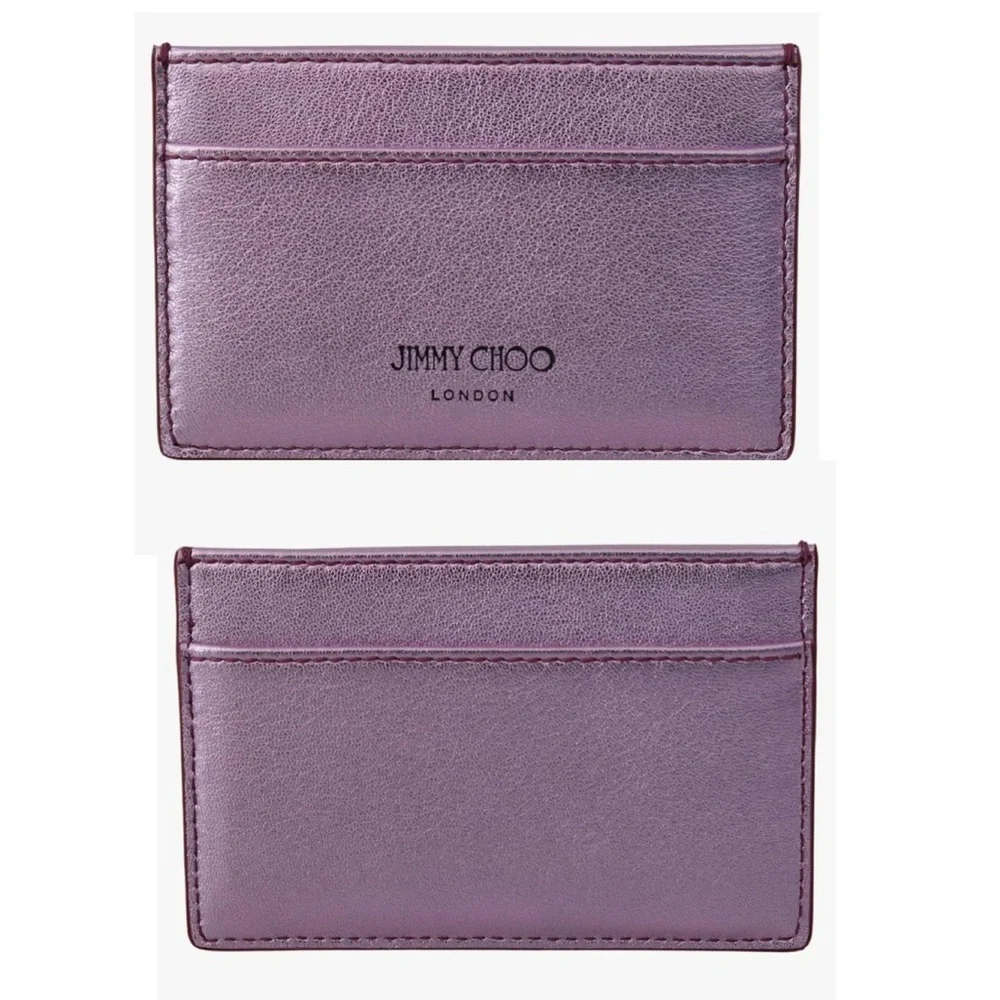 JIMMY CHOO Leather Metallic Lavender Lilac Card Holder logo Wallet NEW